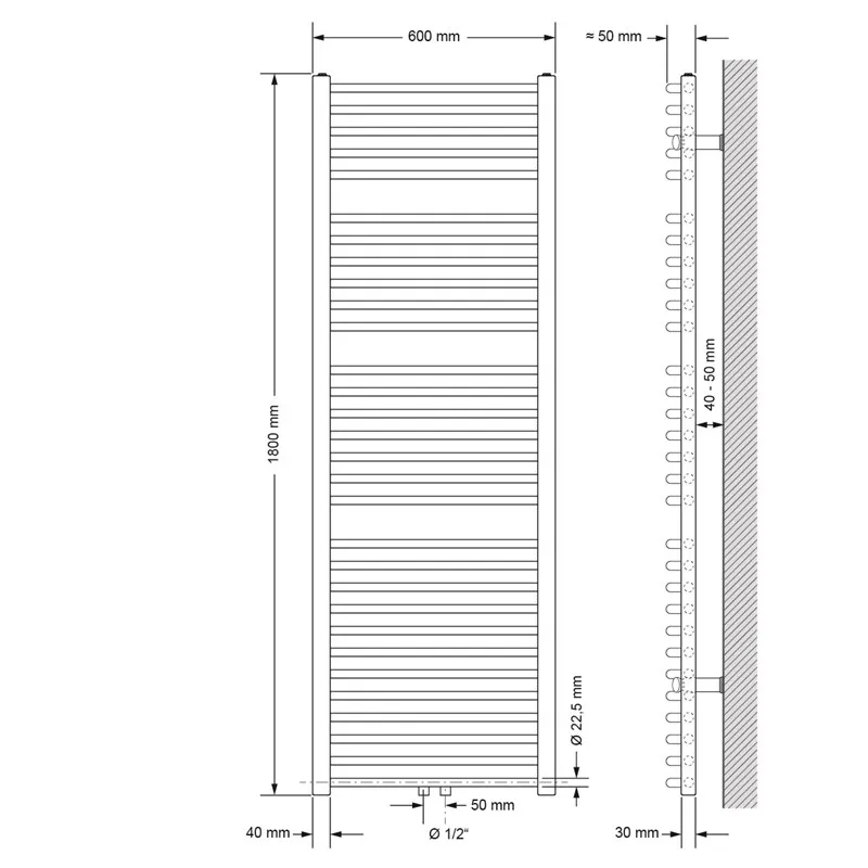 Badkamerradiator Sahara 600x1800 mm chroom gebogen met middenaansluiting LuxeBath