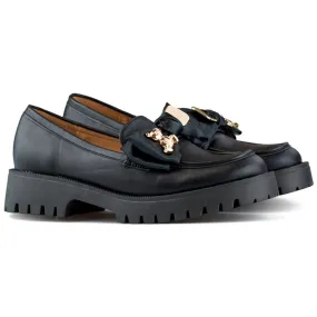 Zwarte loafers met strik, mocassins met teddybeer